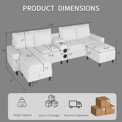 Miniatura 3 de Sofás seccionales para sala de estar, sofá modular de 4 asientos con módulo inteligente, altavoz Bluetooth, luz RGB, estación de carga, sofá de nube