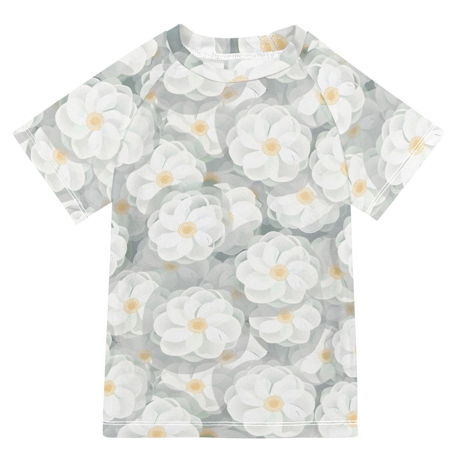 ALAZA Boys Swim Shirts Toddler Rash Guard Short Sleeve Rashguard White Camellia Flowers UPF 50+ 11-12T