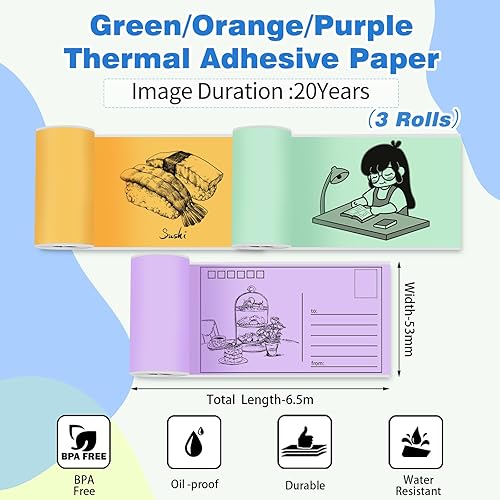 Miniatura 2 de Zoolion Papel de impresora térmica, rollos de papel térmico autoadhesivos coloridos, papel adhesivo blanco para impresora M02XT02 de 20 años, papel