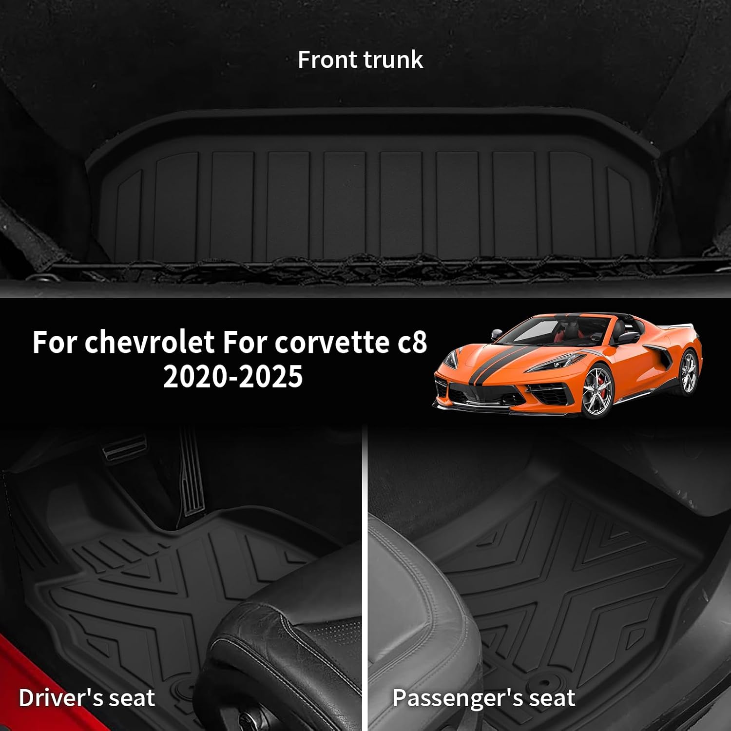 Custom for 2020-2025 2026 Chevy Corvette C8 Floor Mats and Front and Rear Cargo Mats Trunk Liner TPE All Weather Accessories