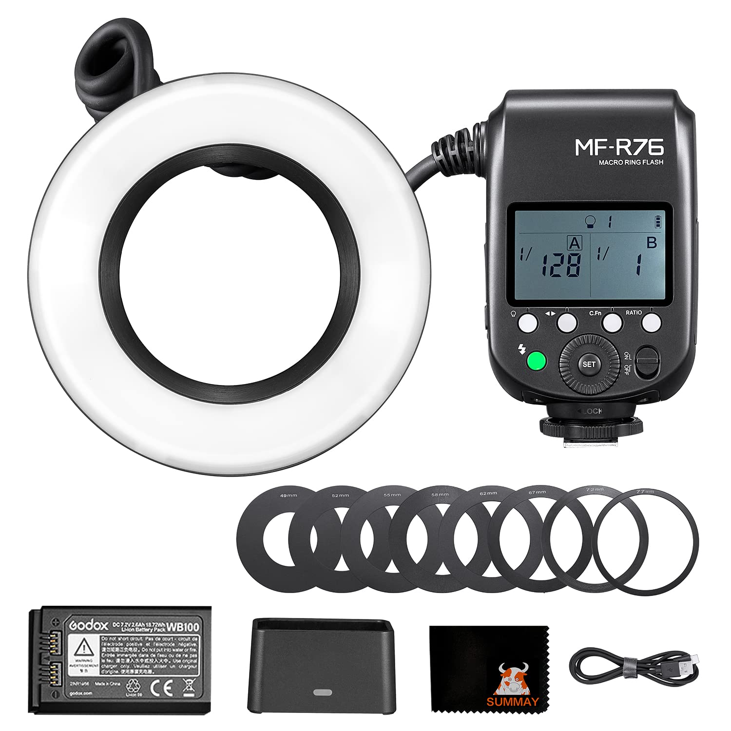 GODOX MF-R76 Flash Anello Macro 76 Ws 7,2 V / 2600 mAh Batteria Ricaricabile 660 Flash Piena Potenza 0,1-1,5 s Tempo Riciclaggio, Adatto per Fotocamere Canon Nikon Sony Fuji Olympus Panasonic Pentax