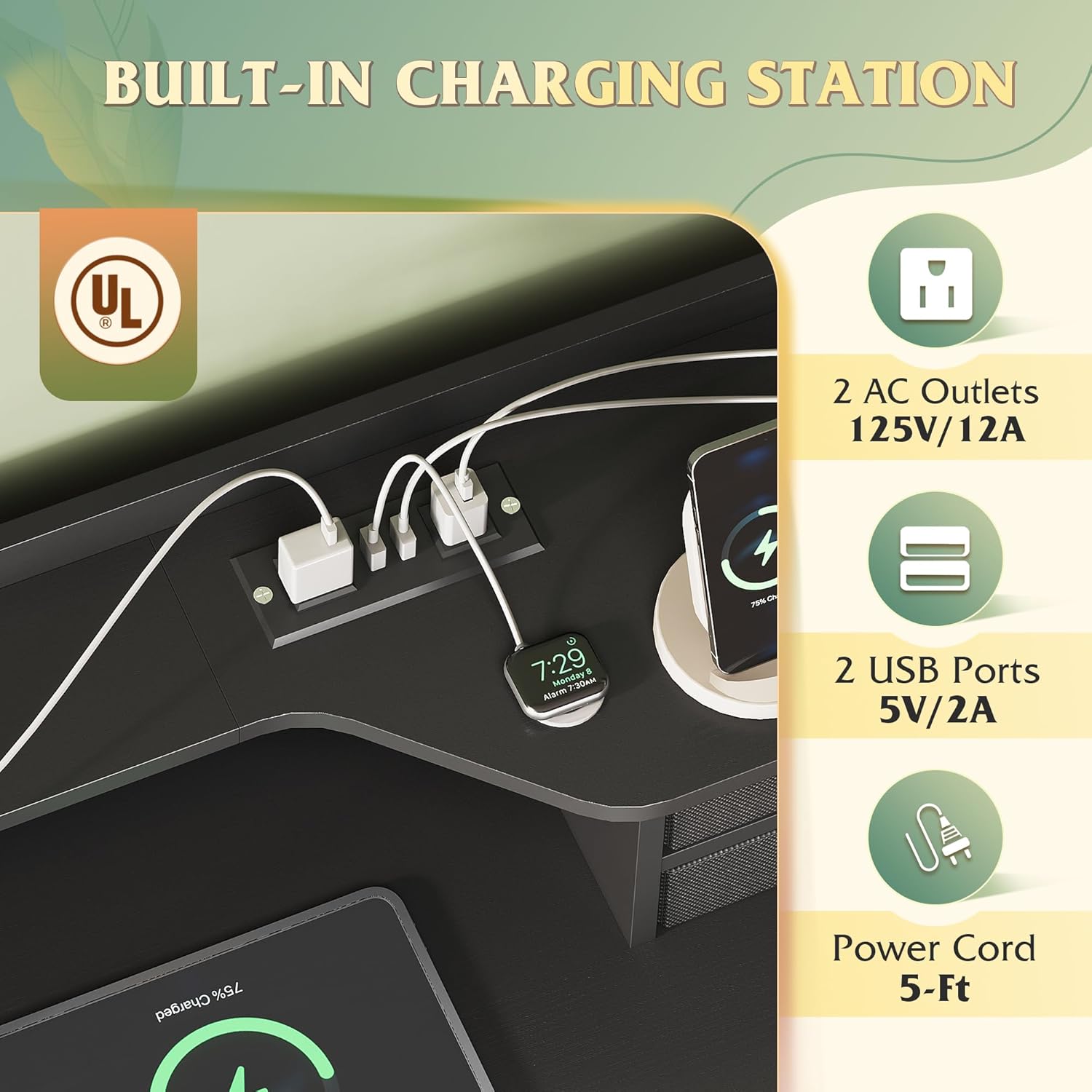 Built-in charging station with AC outlets and USB ports