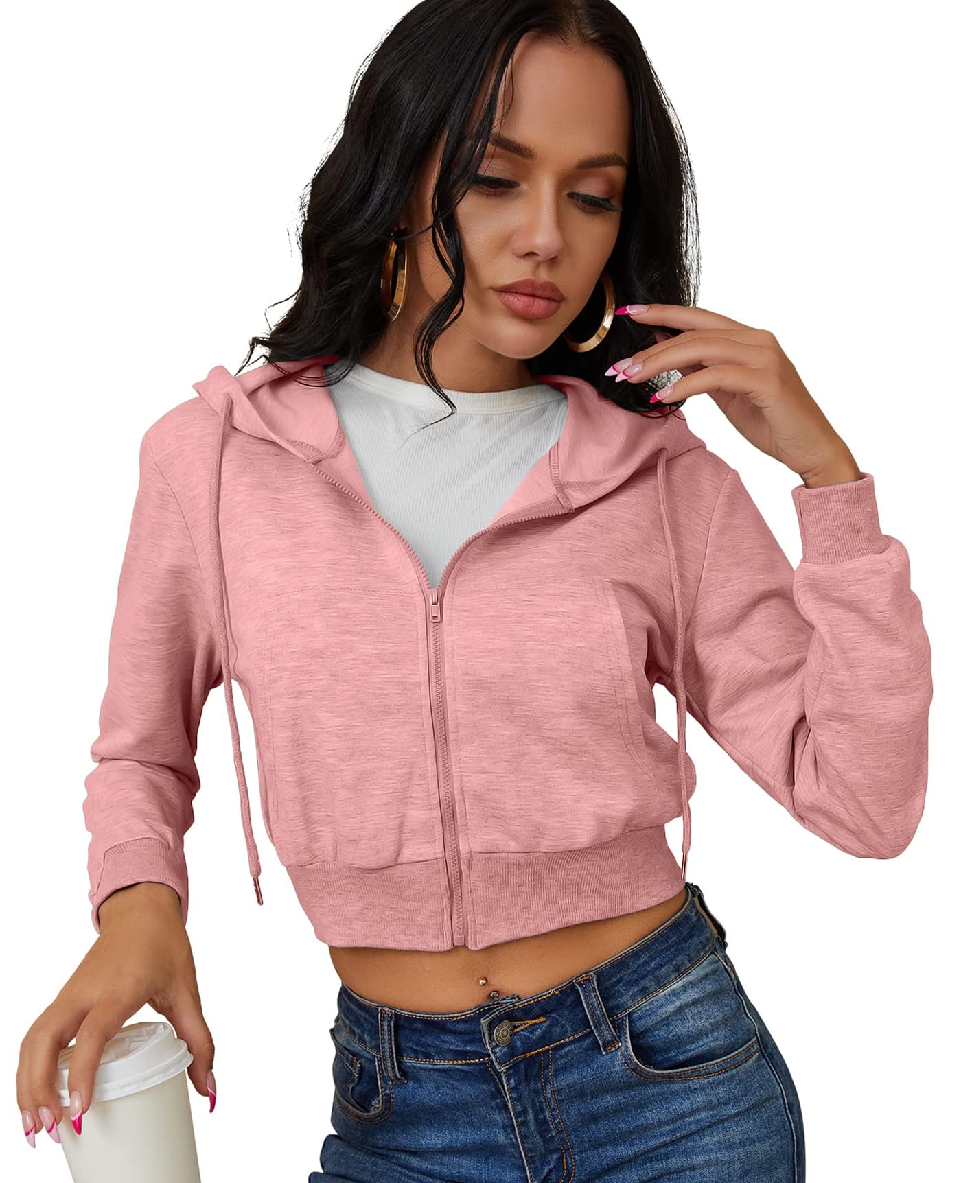 Sudadera Corta con Capucha para Mujer, con Cremallera, con cordón, Informal, Manga Larga