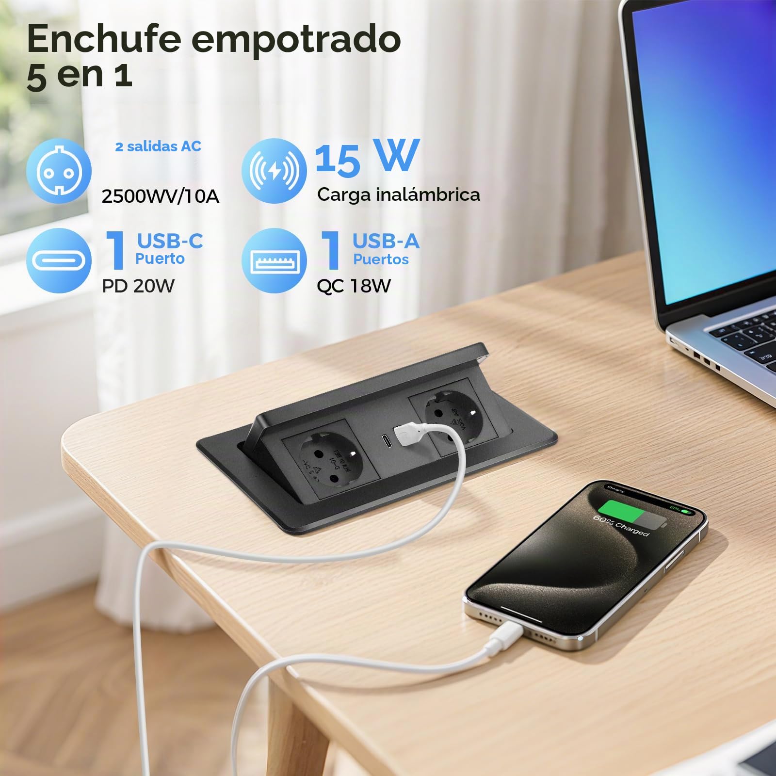 Toma Encastrable para Encimera, con USB C PD 20 W y 15 W - Toma Encastrable Retráctil con Cargador Inalámbrico - Toma de Mesa Desmontable - para Encimera, Mesa de Sofá, Hogar