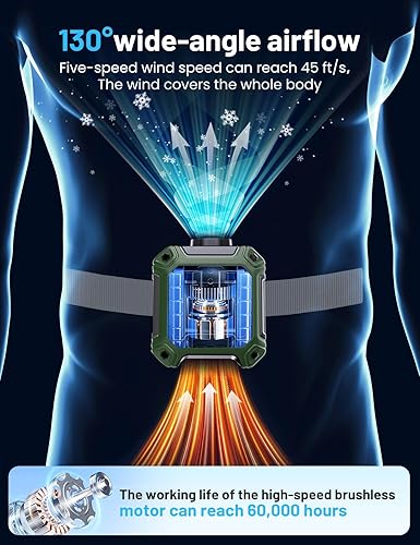 Miniatura 2 de Ventilador de cintura manos libres de 10000 mAh con clip para cinturón, 5 velocidades, enfriamiento de 40 horas y linterna incorporada, ventilador