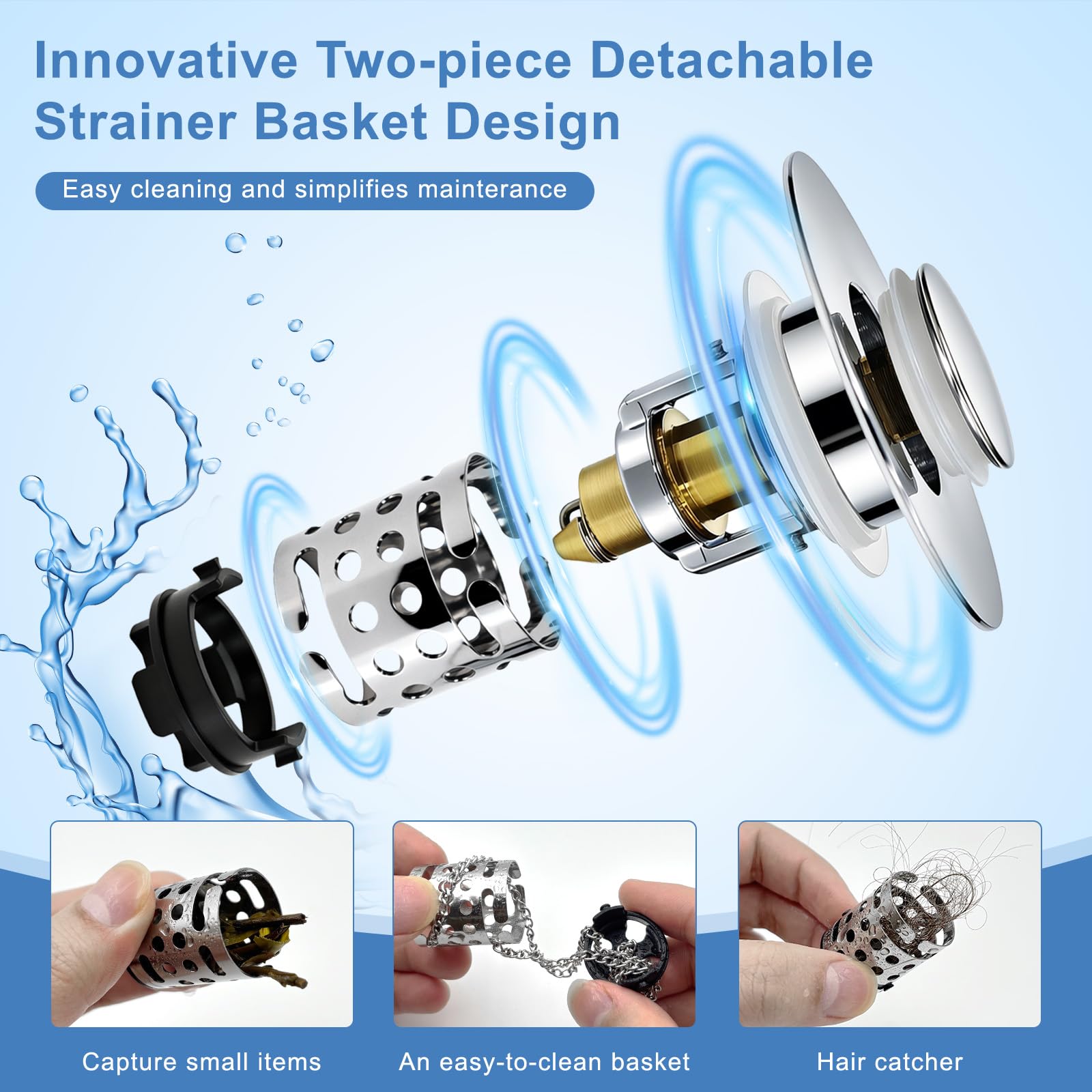 Colador de drenaje 3 en 1 mejorado para fregadero de baño, tapón universal desplegable con cesta de filtro de acero inoxidable extraíble, tapón de fregadero para lavabo de 1.1 a 2.36 pulgadas, núcleo