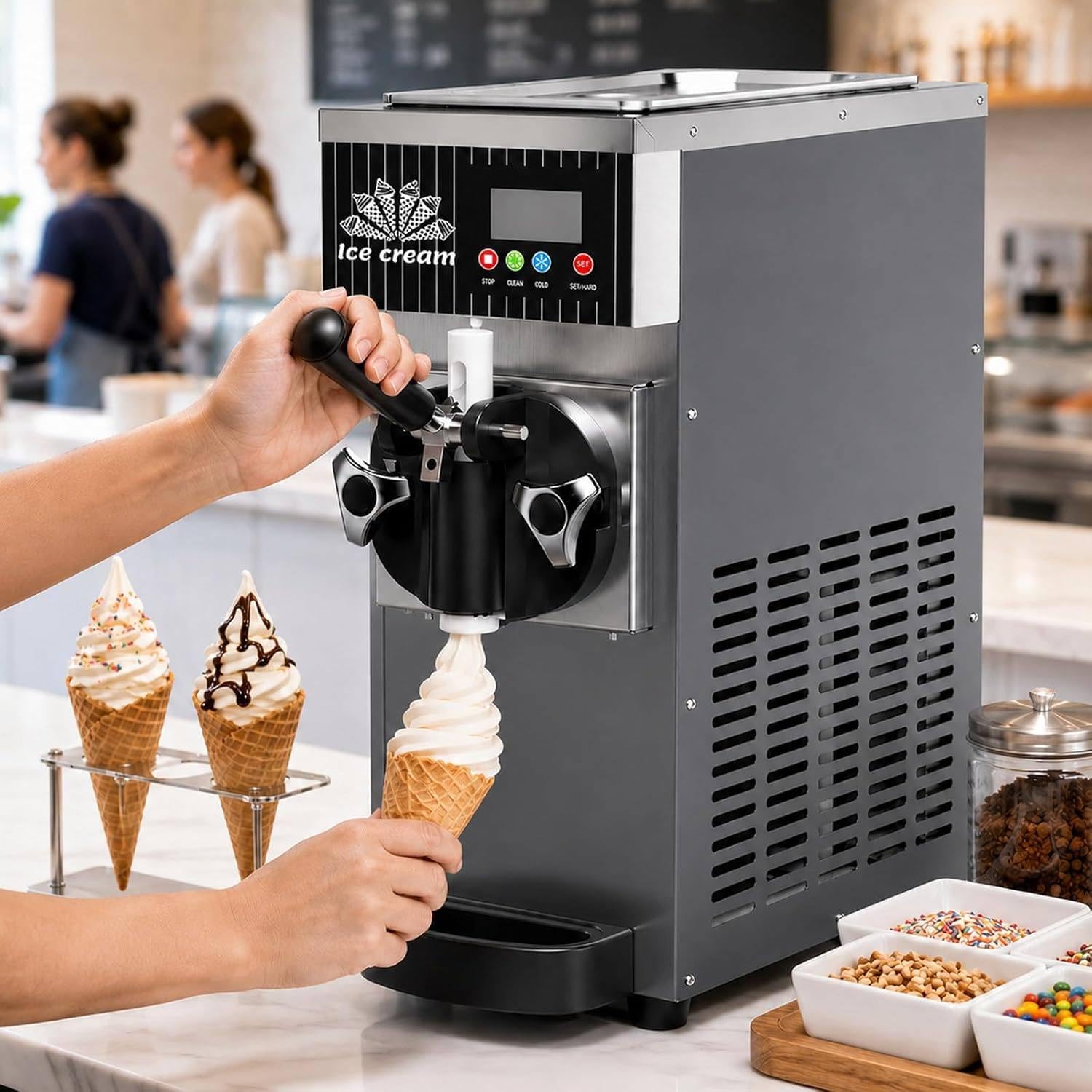 XUXIAO Soft Serve Ice Cream Machine, Countertop Single Flavor Maker, Lcd Panel,Pre-Cooling&Auto Clean, Countertop Dessert Maker, For Home&Commerce Silver