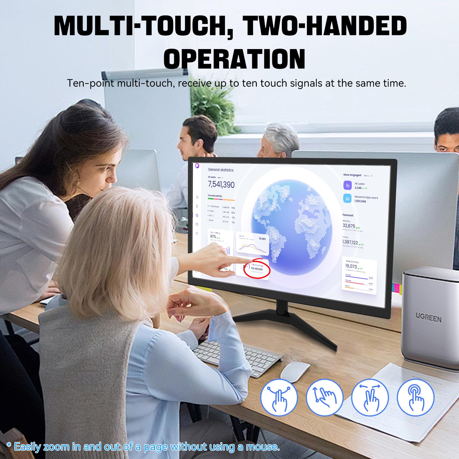 Monitor touchscreen da 22 pollici FHD 1920 x 1080P IPS PC, display touch a 10 punti con porte USB HDMI VGA, altoparlanti integrati, montaggio VESA