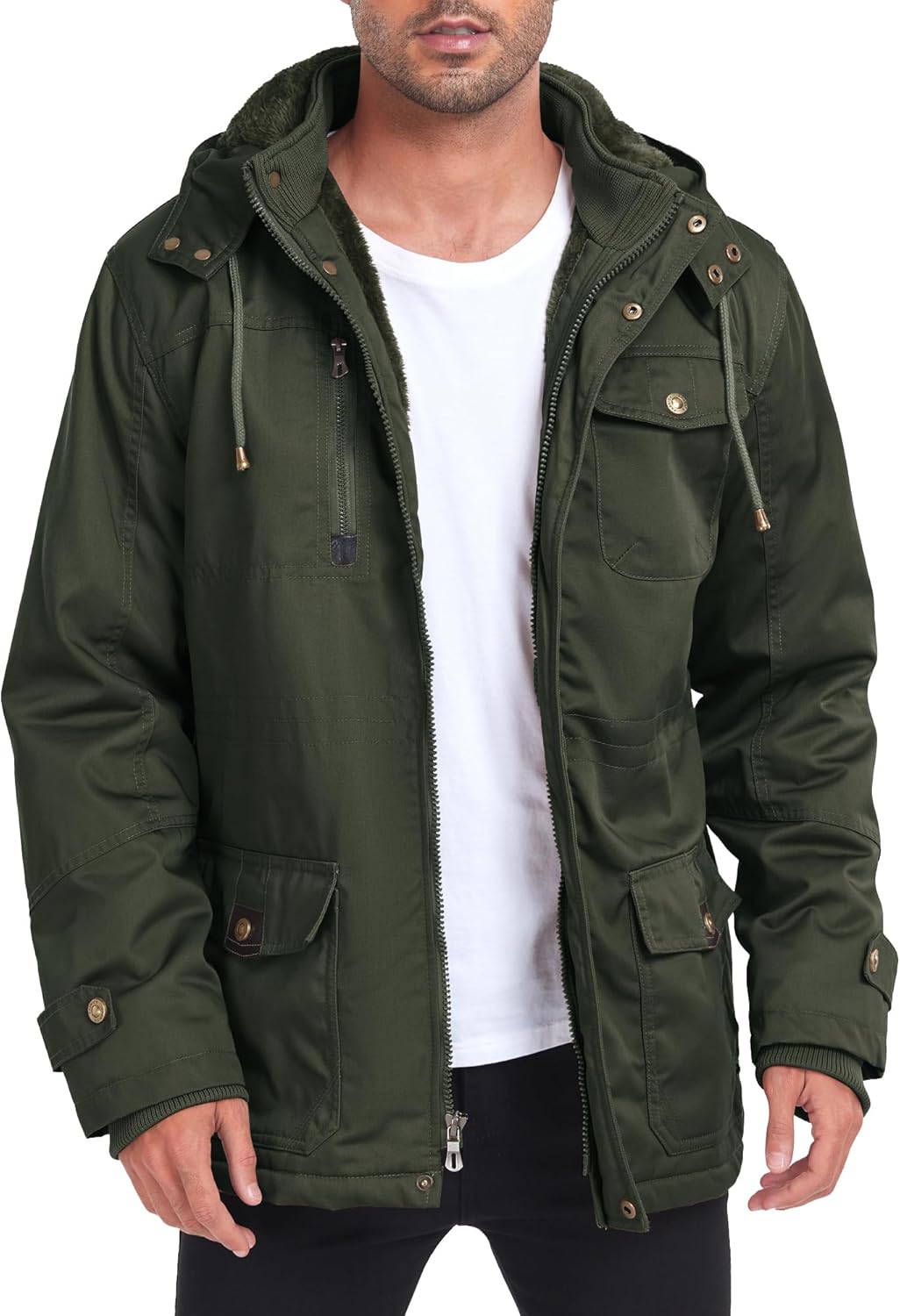 Men's Thick Winter Jackets Fleece Lined Thick Jackets Hood Work Jackets Coat Cotton Military with Cargo Pockets - Image 2