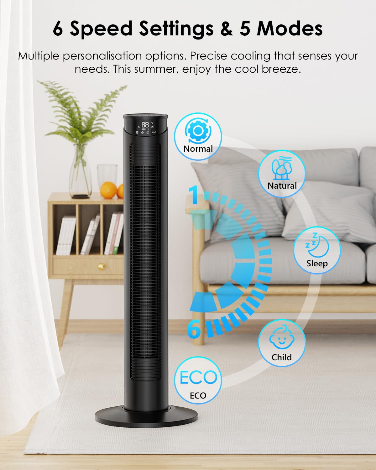 Ventilatore a Torre con Telecomando - Ventilatore a Colonna 8 m/s, Timer 1-12 Ore, 6 Velocità e 5 Modalità (Temperatura Costante ECO), Oscillazione 70° Silenziosa, Basso Consumo Energetico 45 W