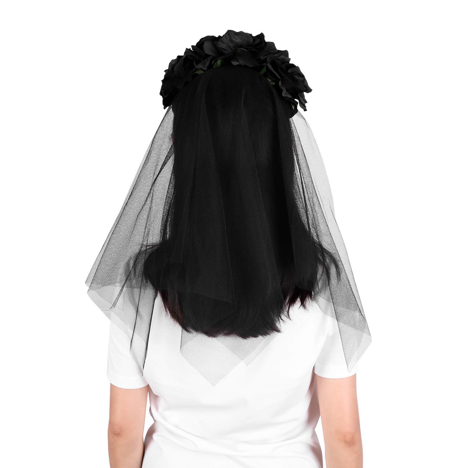 Bandeau Gothique Pour Mariée Avec Voile Noir Et Rose - Accessoire De Déguisement Pour Femme