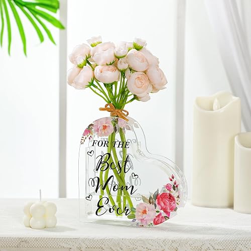 Mother's Day Acrylic Gifts for Mom Acrylic Heart Vase Mom Gifts from Daughter Son Heart Shaped Decoration Clear Flower Vase for Birthday Bouquet Decor from Daughter Son
