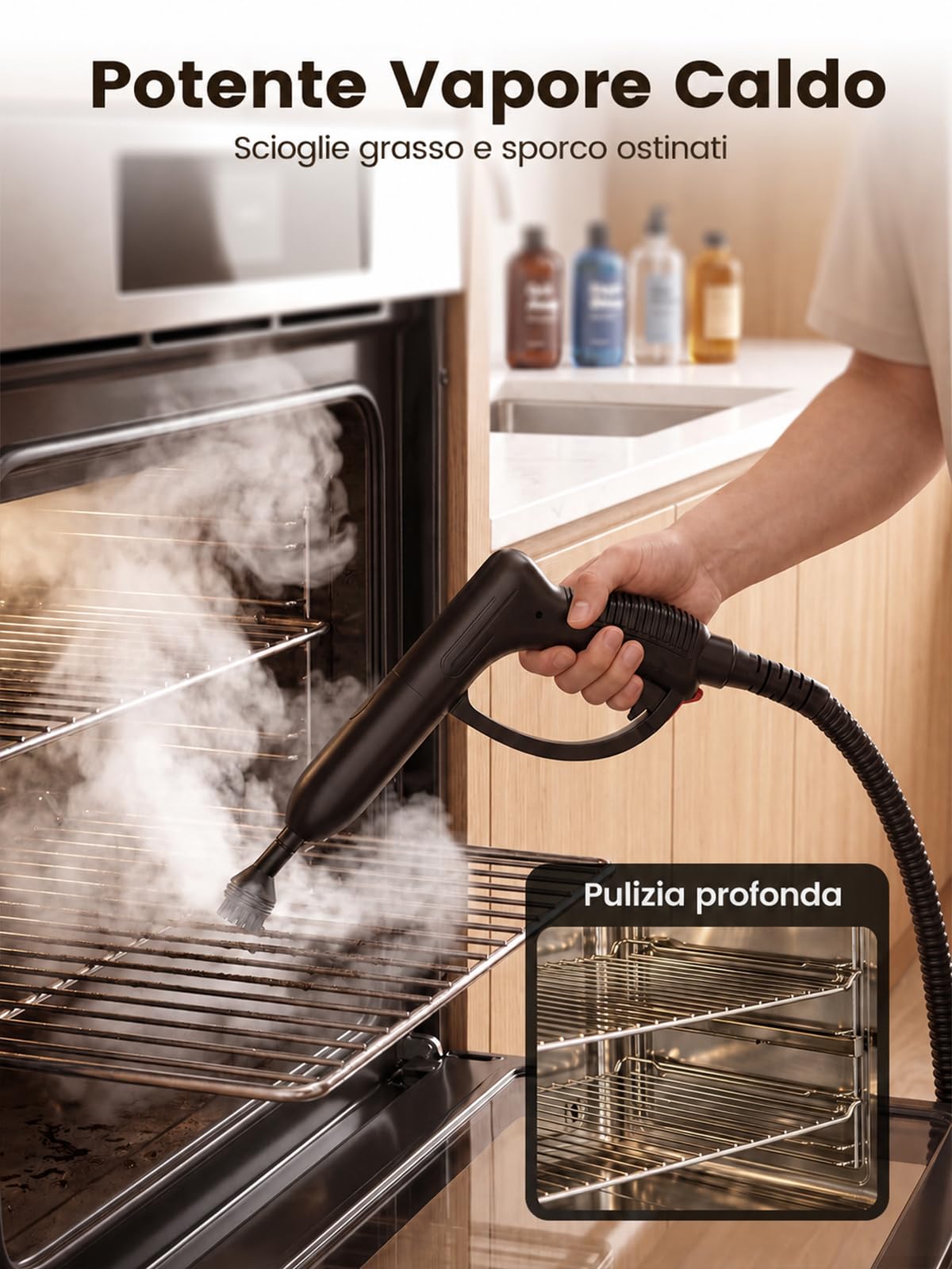Pulitore a Vapore 2000W, Serbatoio 2L, 16 Accessori, Bianco