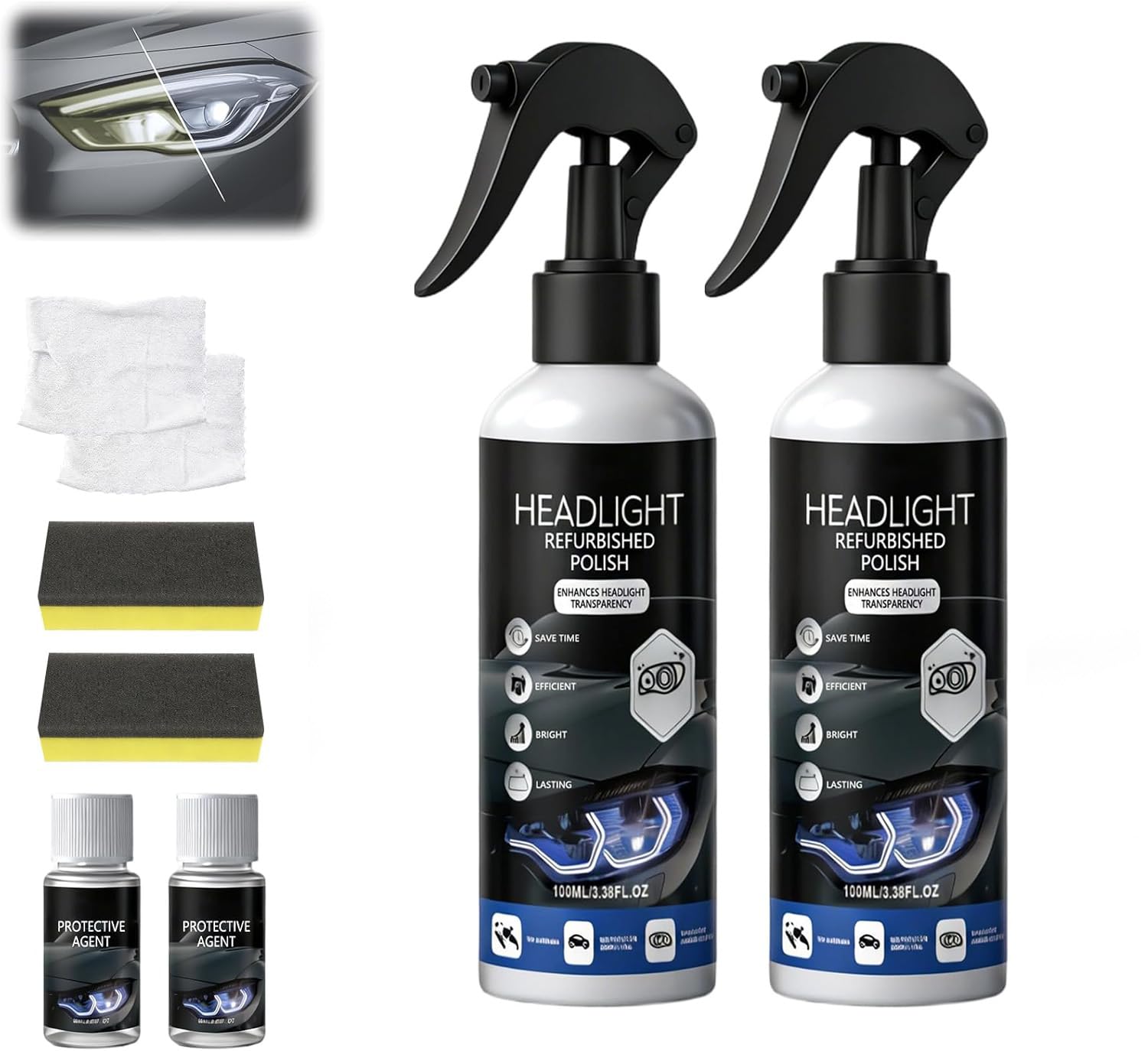 Photo 1 of 2Pcs Car Headlight Restoration Polishing Kits,Headlight Restoration Kit,Multifunctional Car Headlight Polishing for All Vehicle Types,Headlight Cleaner and Restorer Kit (100ml+20ml)