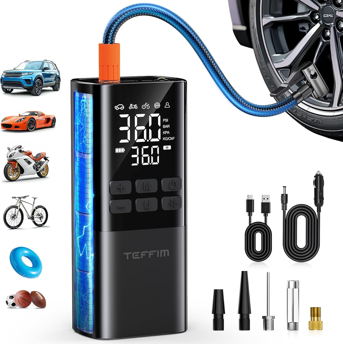 Tire Inflator Portable Air Compressor - Air Pump for Car Tires,Portable for Car with Pressure Gauge,Tire Inflator with LED Light, for Bike,Motorcycle, Balls