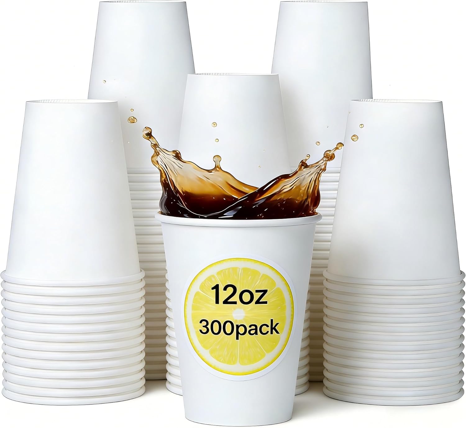 12 oz Disposable Paper Cups, 300 Pack - Heavy Duty White Hot/Cold Beverage Cups, Bulk Drinking Cups for Home, Office, Party, Travel