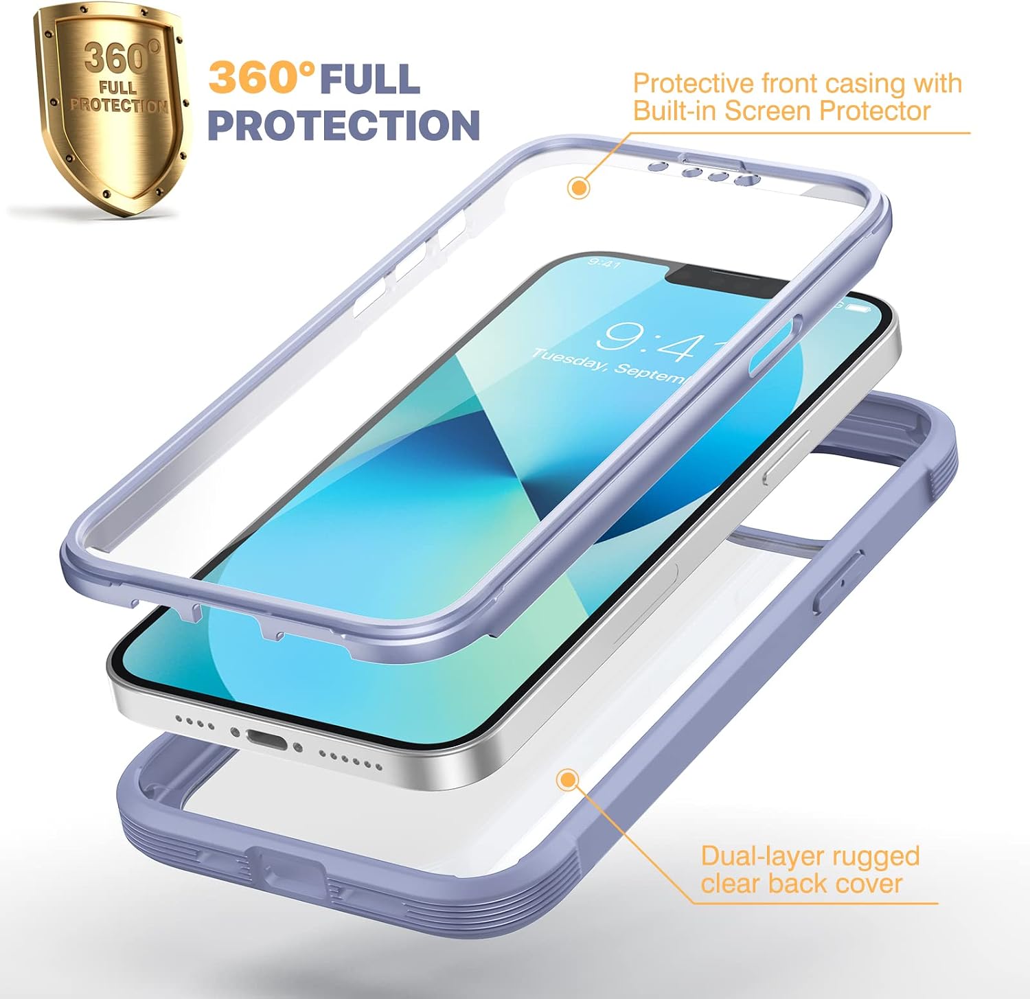 diaclara designed for iphone 13 case, full body rugged with built-in touch sensitive anti-scratch screen protector, soft tpu bumper case for iphone 13 6.1" (lavender gray) lavender gray iphone 13