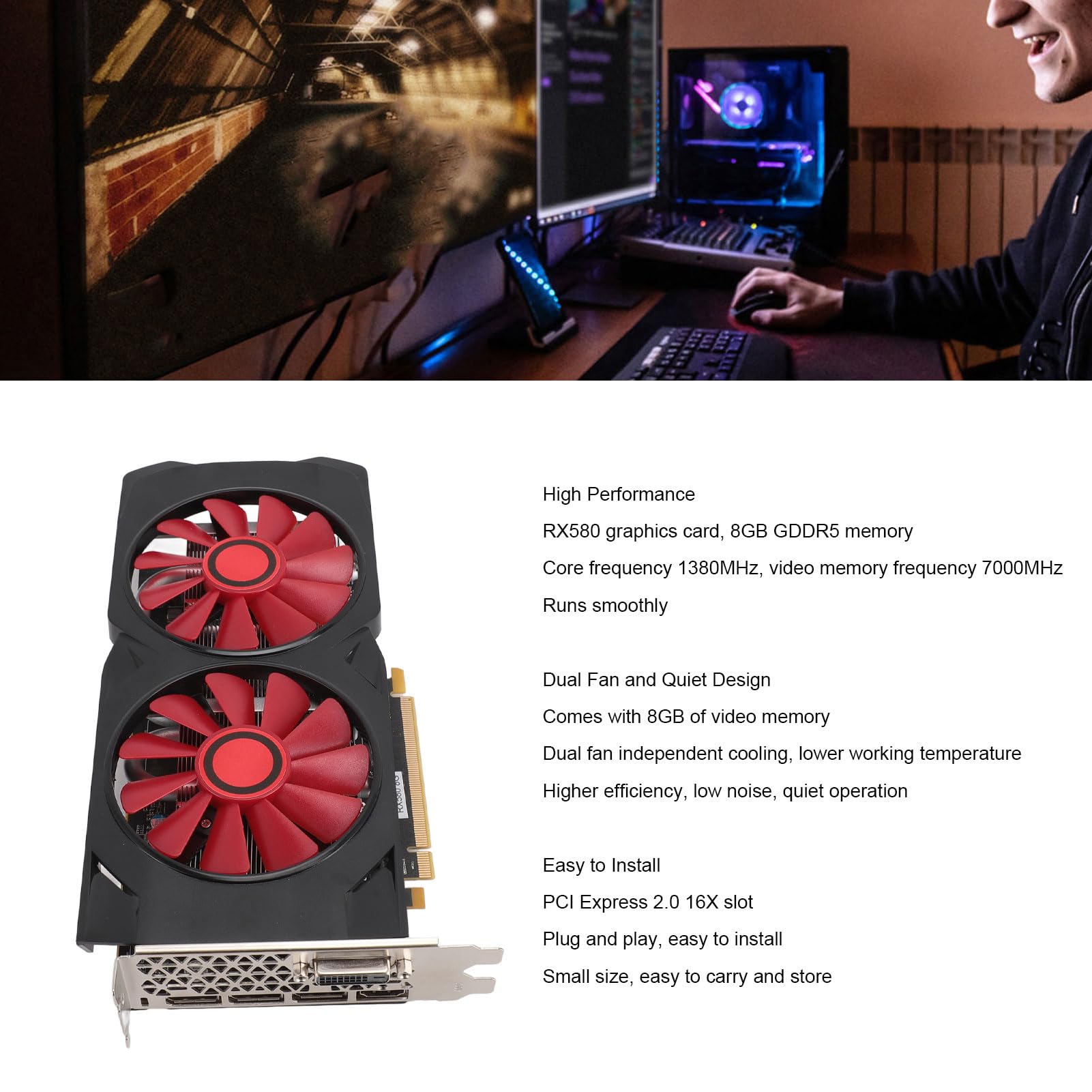 RX580 8GB GDDR5 256Bit - Tarjeta gráfica para videojuegos (256 bits, silenciosa, doble ventilador, tarjeta gráfica PCI Express 2.0, 16X, para ordenador de sobremesa