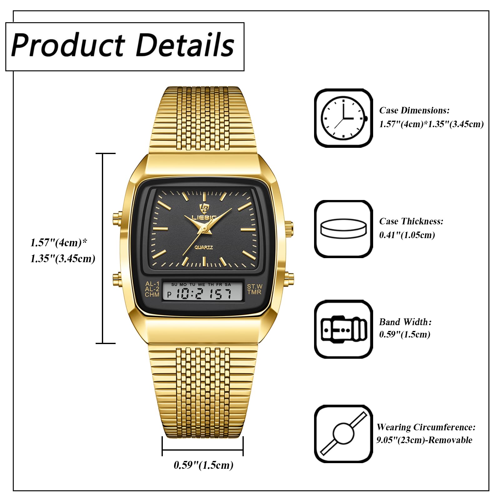 JewelryWe Zegarek męski cyfrowy kwarcowy: 2 szt. 30 m wodoszczelny analogowy zegarek na rękę zegarek cyfrowy męski złoty stal szlachetna bransoletka chronograf zegarek z prostokątnym cyferblatem,