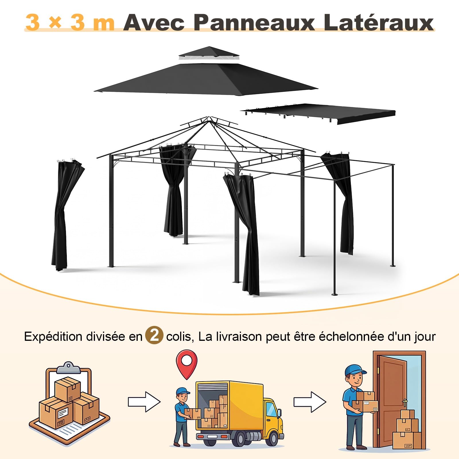 Devoko Tonnelle de Jardin Exterieur 3x3 m avec Auvent Latéral, Tonnelle Imperméable Stable, Protection UV 50+, Pergola Jardin Exterieur Extensible à 3x4.7m pour Cour, Terrasse, BBQ Fêtes, Gris