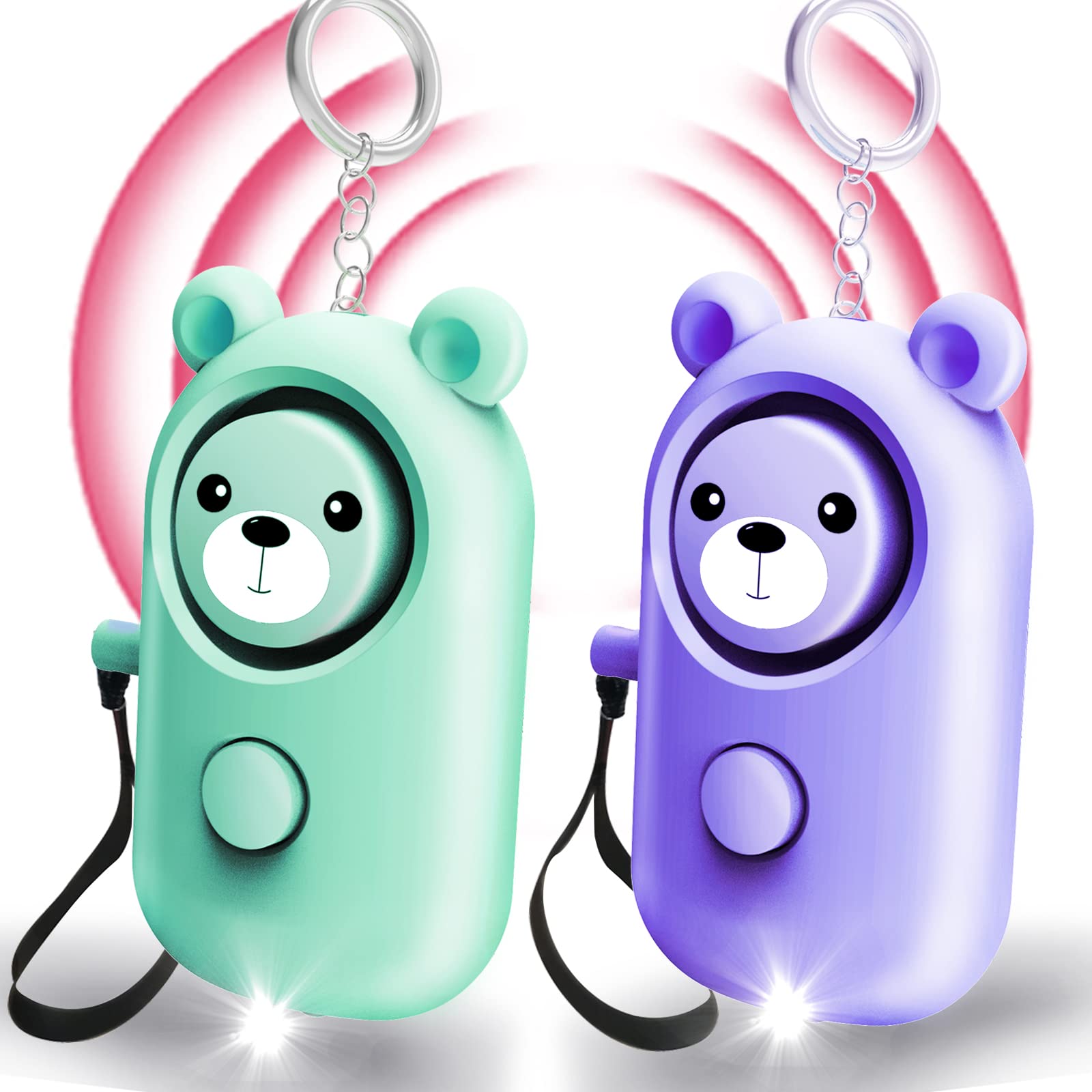 Allarme personale per donne, bambini e anziani, suono sicuro, sirena di emergenza da 130 dB, allarme di sicurezza autodifesa, portachiavi ad alta voce con luce LED (smeraldo + viola)