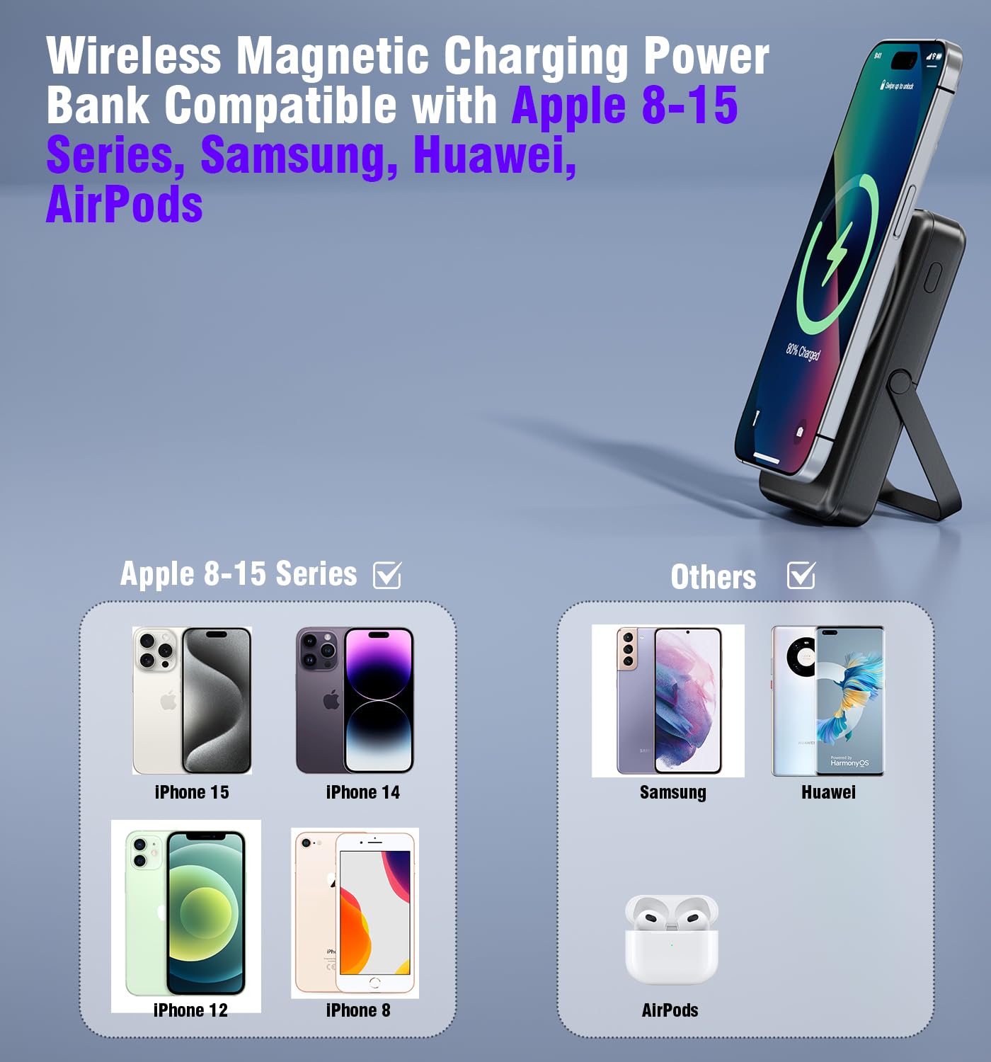 Tyonto 2 in 1 Power Bank Magnetica da 10000mAh per Telefono/Orologio, Caricatore Wireless Pieghevole PD 22.5W con Display LED, for MagSafe for iPhone 12-15 Plus/Mini/Pro/Pro Max Apple