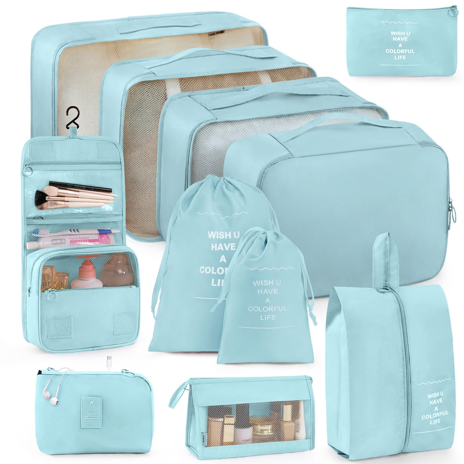 Anjing 11 Set Packing Cubes for Travel, Space-Saving Luggage Organizers, Suitcase Organizer Bags Set, Essentials for Carry-on Suitcases, Lake Blue (