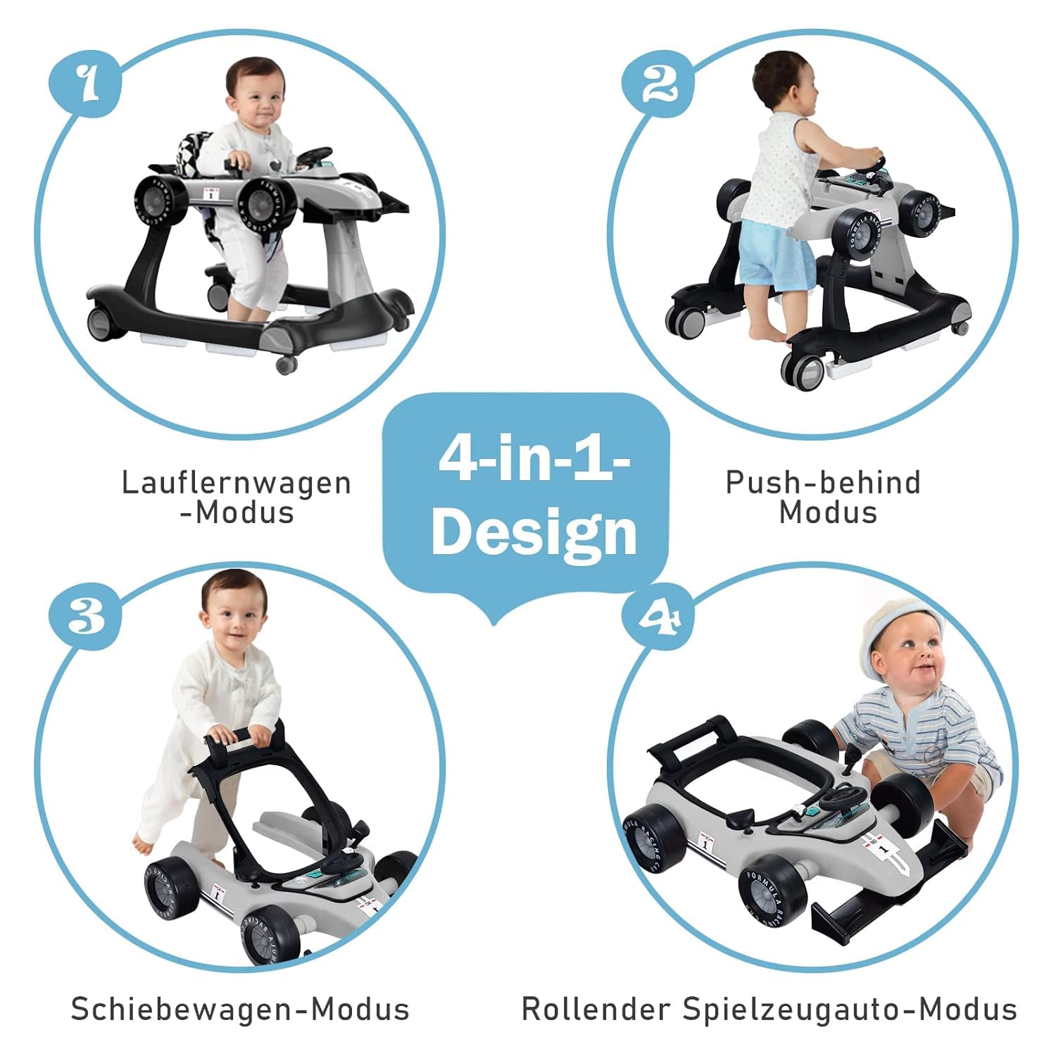 FANTASK Chodzik 4 w 1 z regulowaną wysokością i prędkością, Baby Walker z muzyką, światłem i kółkami, bez chodzenia dla dzieci od 6 miesięcy, obciążenie 12 kg (kolor szary)