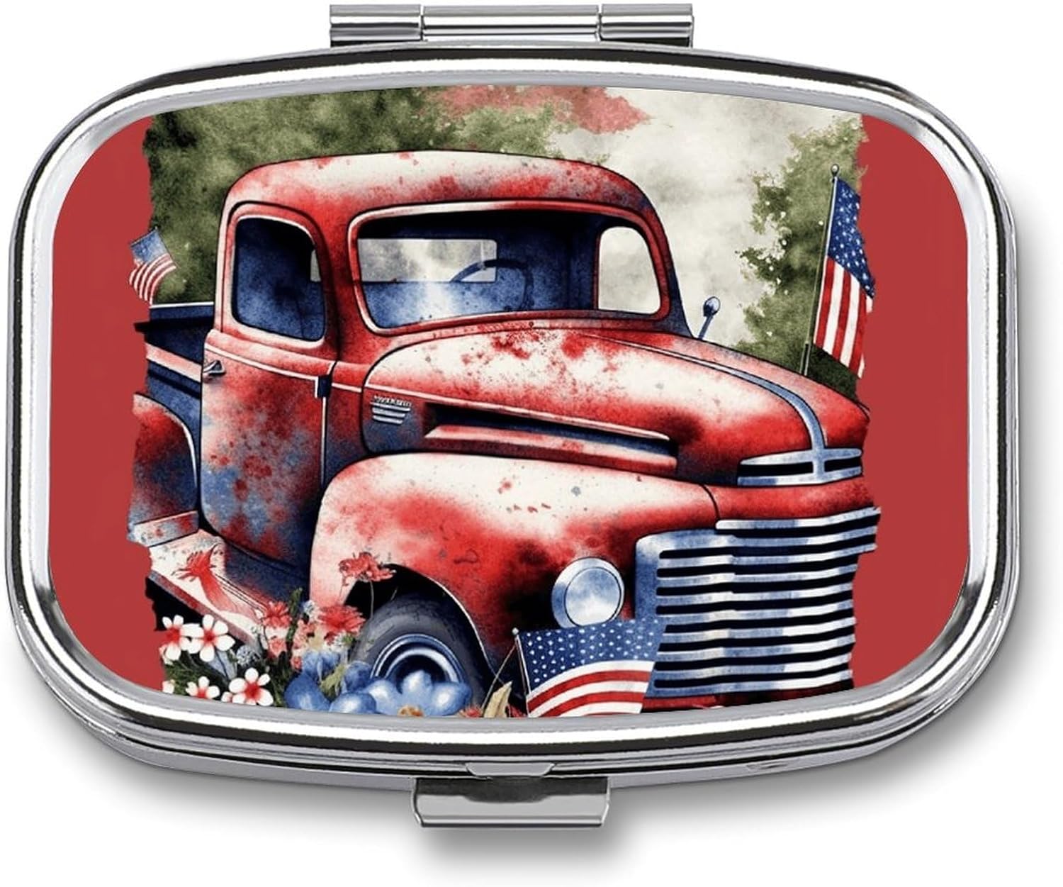 4th of July Patriotic Old Red Truck Square Pill Case, Metal Pill Organizer
