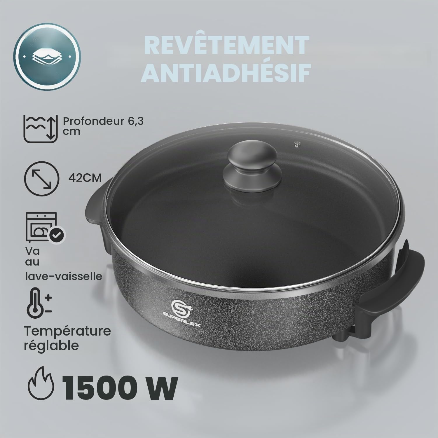 Poêle Multifonctionnelle 30x7 cm, 5,6 Litres Poêle Électrique avec Couvercle 1500W Poêle Électrique à Pizza (42CM)