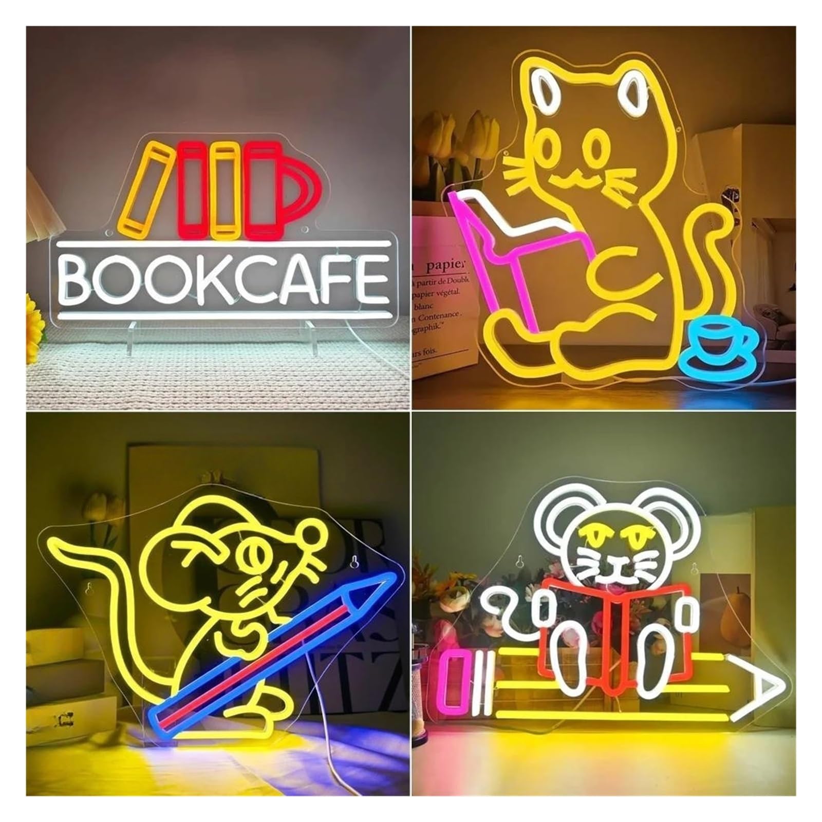 XENITE Luces Art Decoration Christmas Letrero LED De Neón Con Diseño De Ratón Leyendo, Luz Colgante Con Diseño De Gato Leyendo Un Libro Para Decoración De Pared, Sala De Estudio(42X22cm)