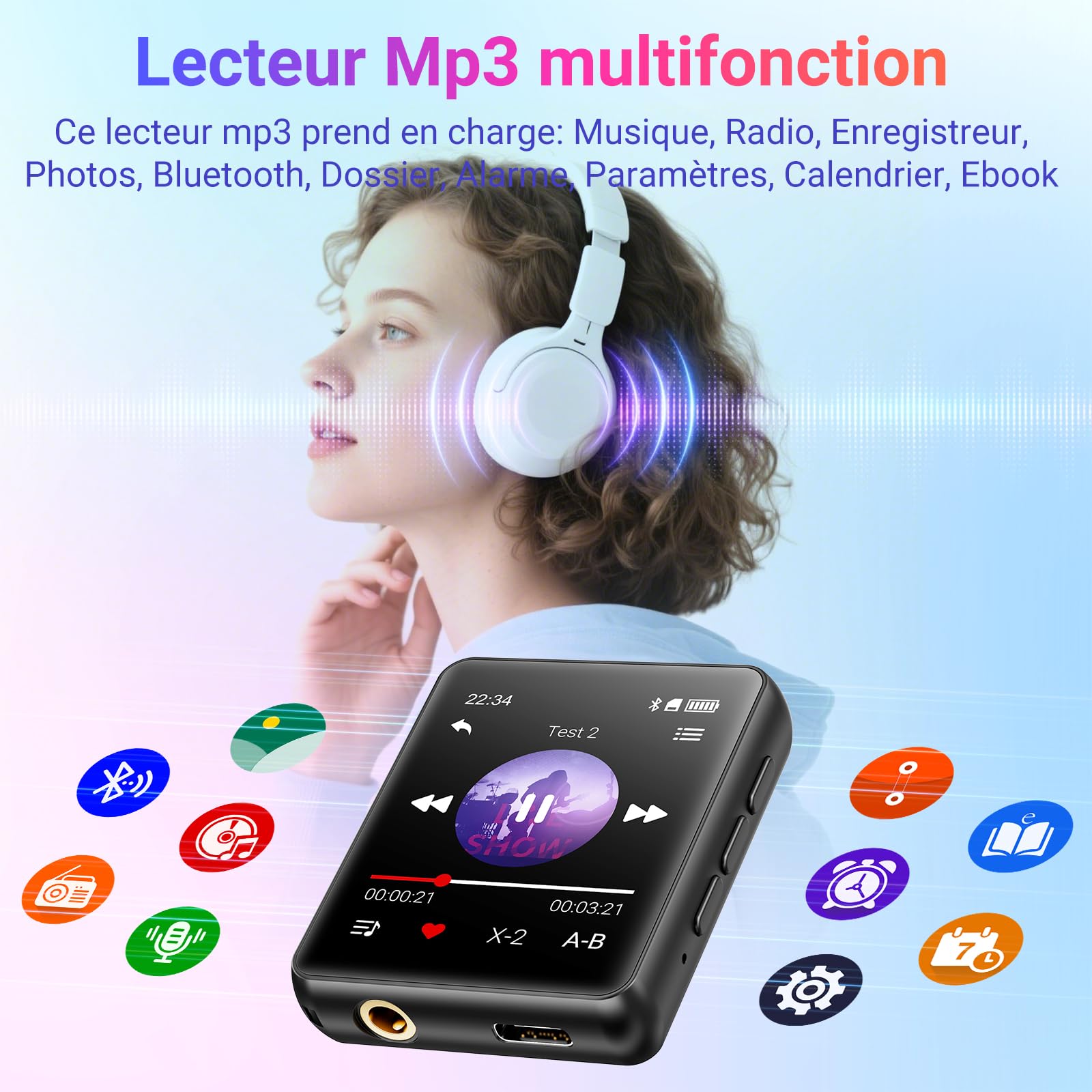 Lecteur MP3 Bluetooth, 128 Go Lecteur de Musique, Haut-Parleur Intégré et Radio FM, Mini écran Tactile de 1,8'' MP3 - Parfait pour Enfants et Les Sports (Noir)