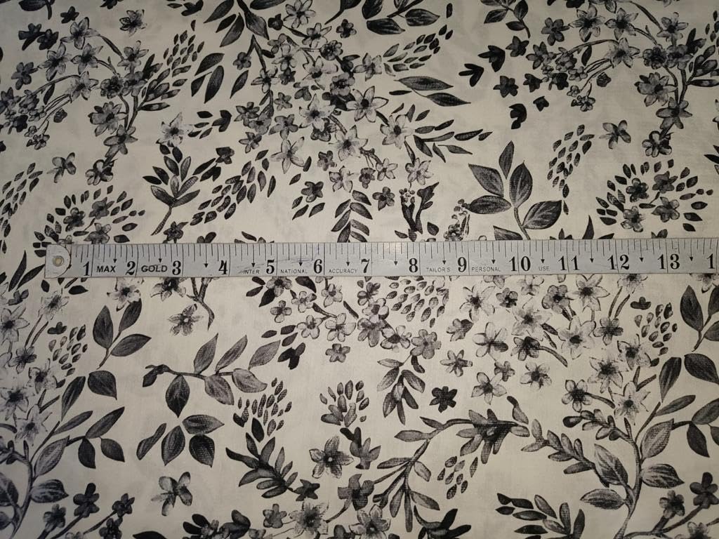 100% Linen Floral Digital Print Black and Ivory Floral Print Fabric 44