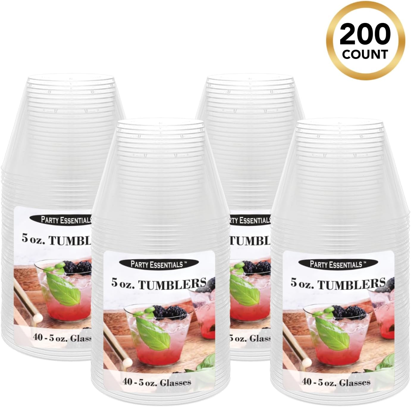 Party Essentials Premium Hard Plastic Disposable 5-Ounce Party Cups Tumblers, 200-Count, Clear