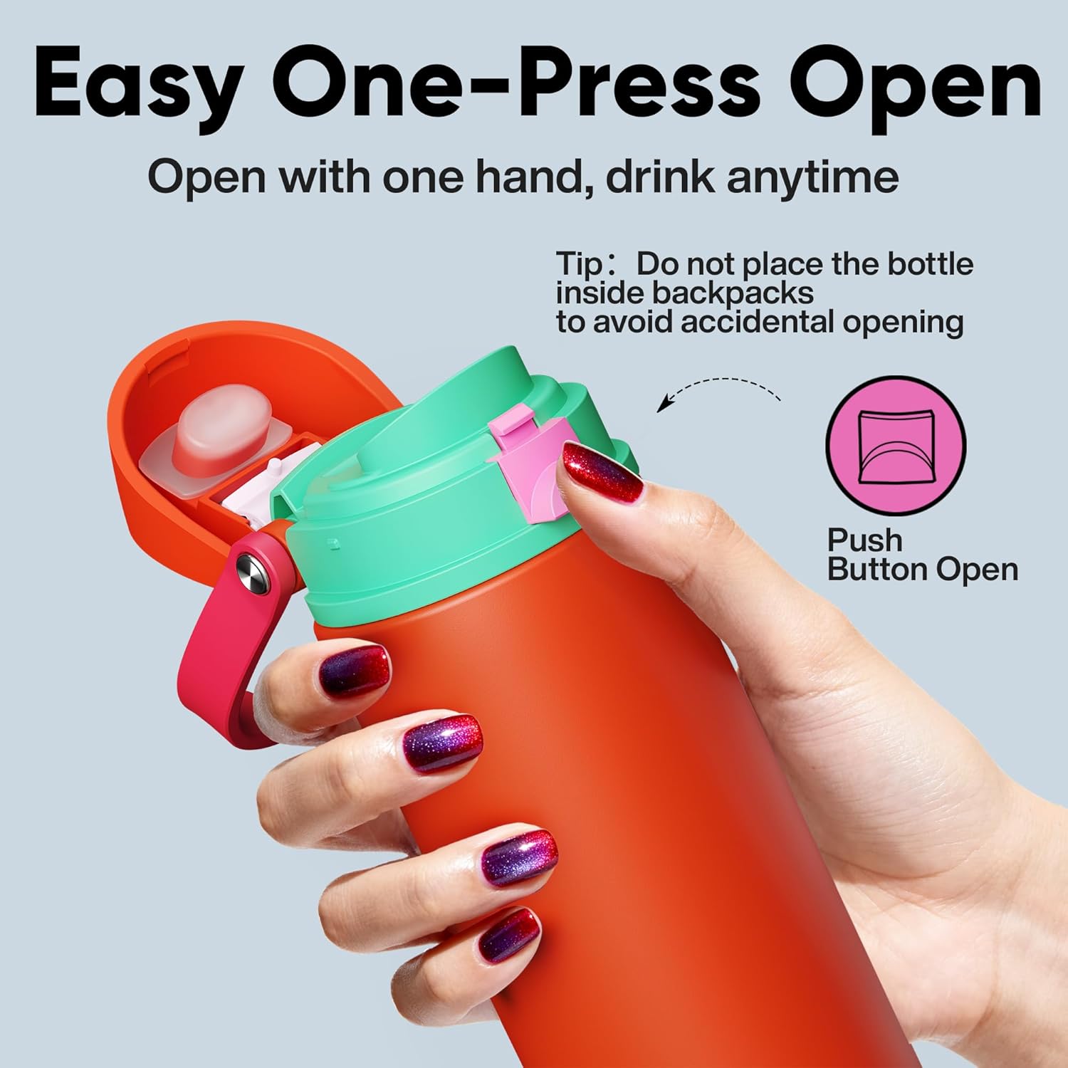 Insulated Water Bottle with Straw - Encool Stainless Steel Water Bottle with Push Button Lid, Leak-Proof & BPA-Free, Keeps Cold for 24 Hours for Sports, Travel, Gym (24 oz, Grapefruit Red)