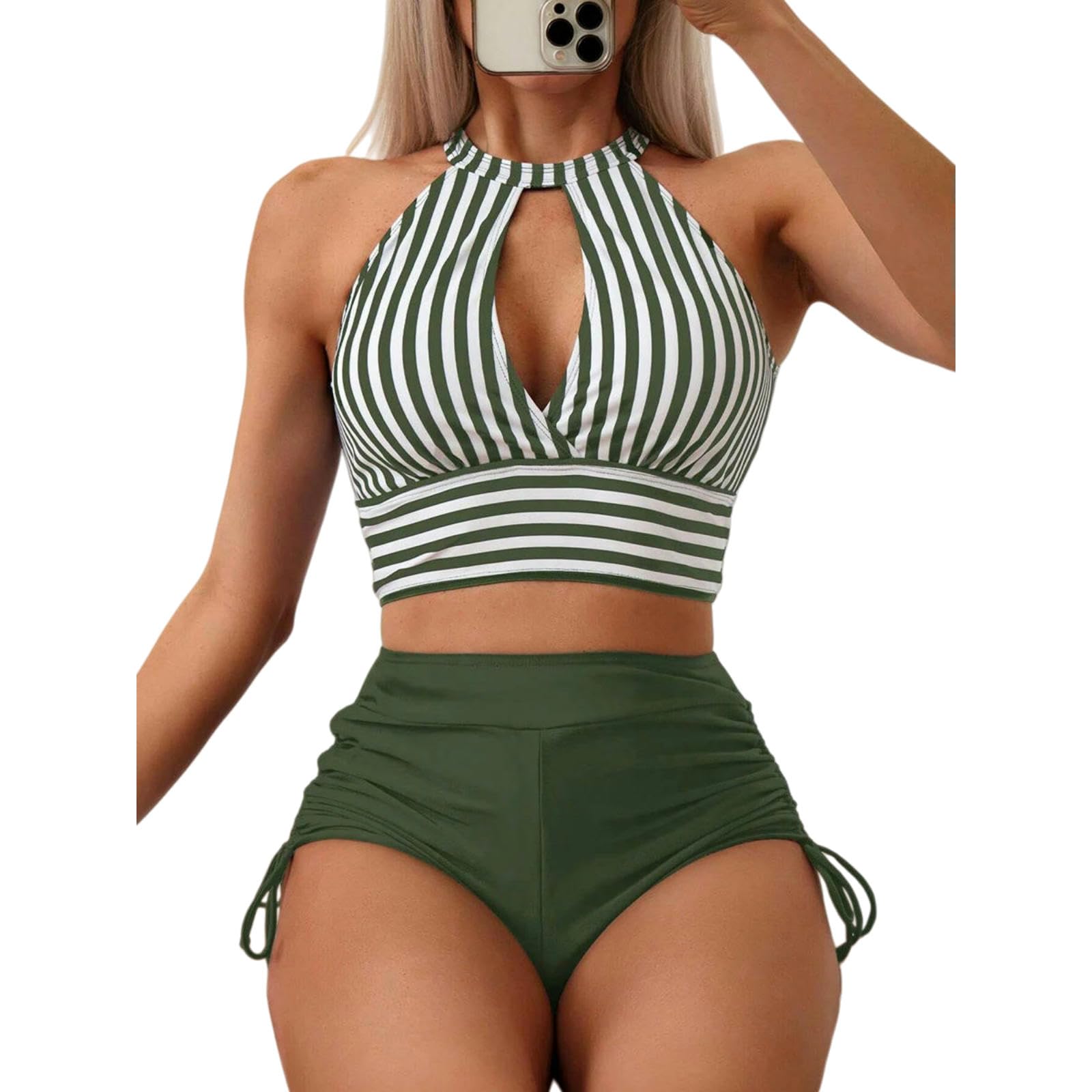 Bikini Taille Haute pour Vos Vacances : Maillot à Rayures et Découpe Trou Clé