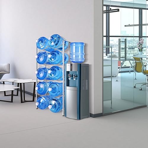Miniatura 7 de Soporte para botellas de agua de 5 galones (negro), soporte para jarra de agua de 5 niveles para 10 botellas, 5 bandejas, organizador de jarra de