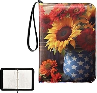 Sunflower Fall American Flag Waterproof Trading Card Binder,400-Pocket Trading Album Display Holder,Display Case with Card Sleeves Set for Soccer Card,Gaming Cards,and Other TCG 2011564