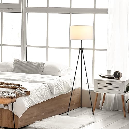 HOMCOM Lámpara de pie trípode de 59.75 pulgadas con cadena de tracción, pantalla de tela E26, soporte de lámpara de acero para sala de estar,