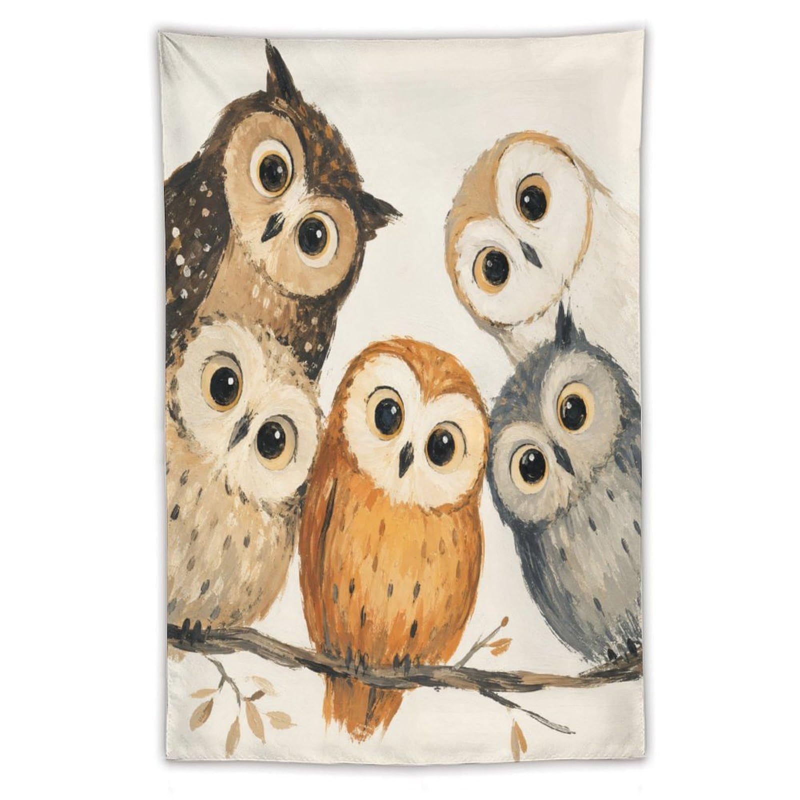 W7C8U2X3 Owl Family on Branch Wall Tapestry, Watercolor Style, Office