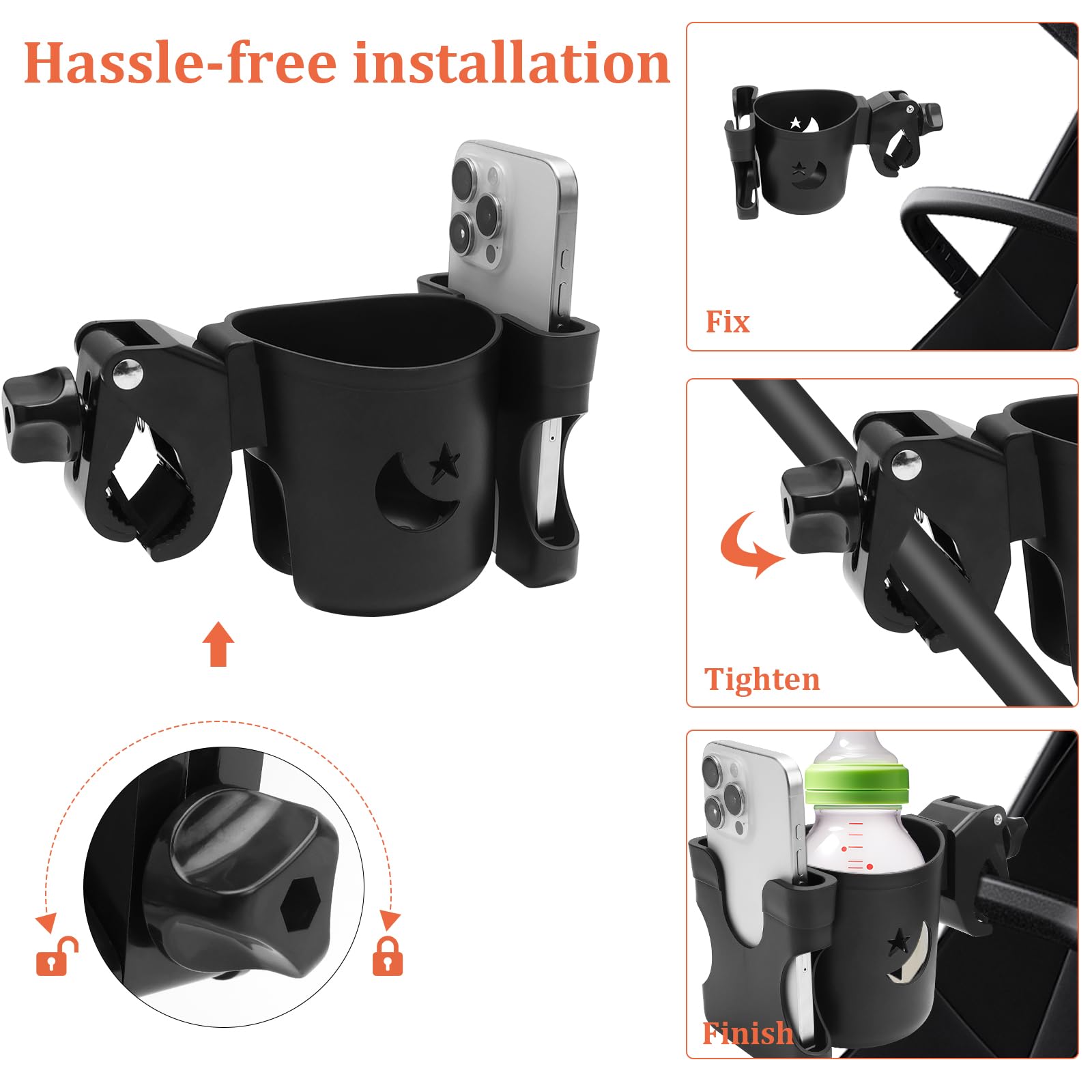 Soporte para bebidas del cochecito de bebé con funda para móvil Universal 2 en 1 Soporte para vasos Soporte para café Soporte para bebidas con 2 ganchos para cochecito de bebé, bicicletas