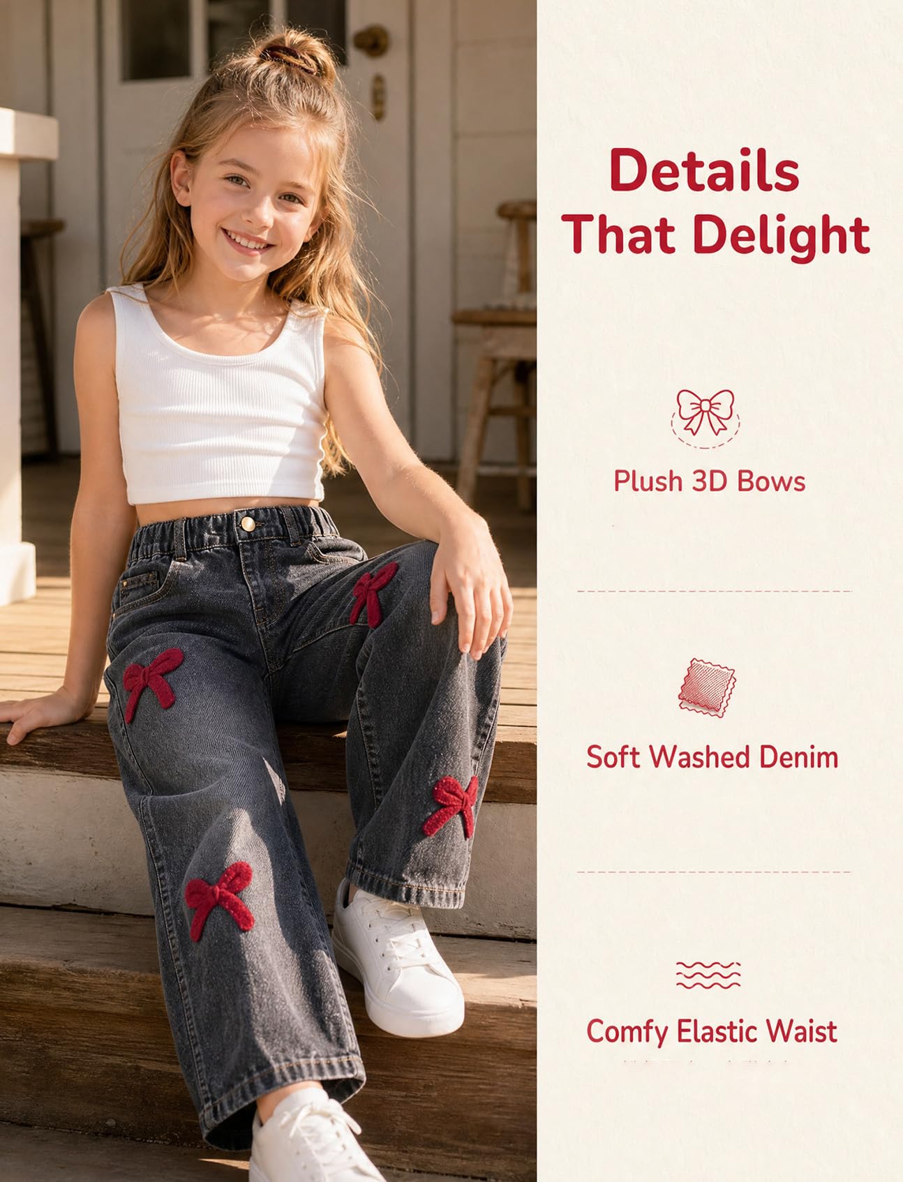 JiAmy Jeans larghi per ragazze con fiocco ricamato 3D, gamba larga elasticizzata in vita retrò Y2k casual pantaloni in denim per ragazze 6-13 anni