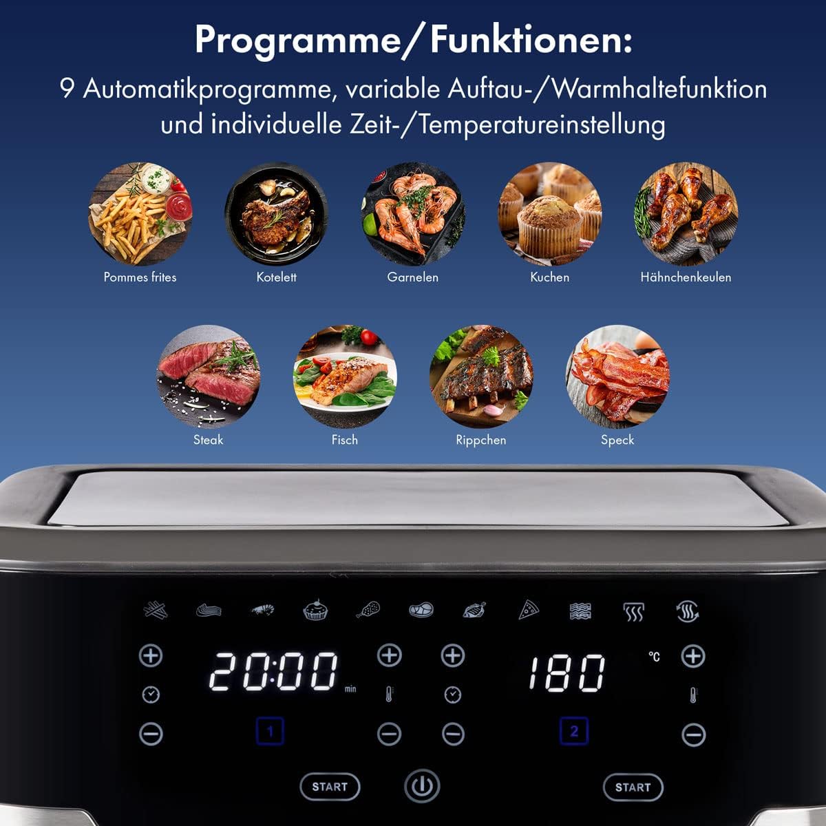 Profi Cook, PC-FR1242, Doppia friggitrice ad Aria Calda con Schermo Touch, 2 Zone di Cottura indipendenti, capacità: 2 x 4,5 Litri = 9,0 Litri, 9 programmi Automatici, Acciaio Inossidabile Profi Cook, PC-FR1242, Doppia friggitrice ad Aria Calda con Schermo Touch, 2 Zone di Cottura indipendenti, capacità: 2 x 4,5 Litri = 9,0 Litri, 9 programmi Automatici, Acciaio Inossidabile