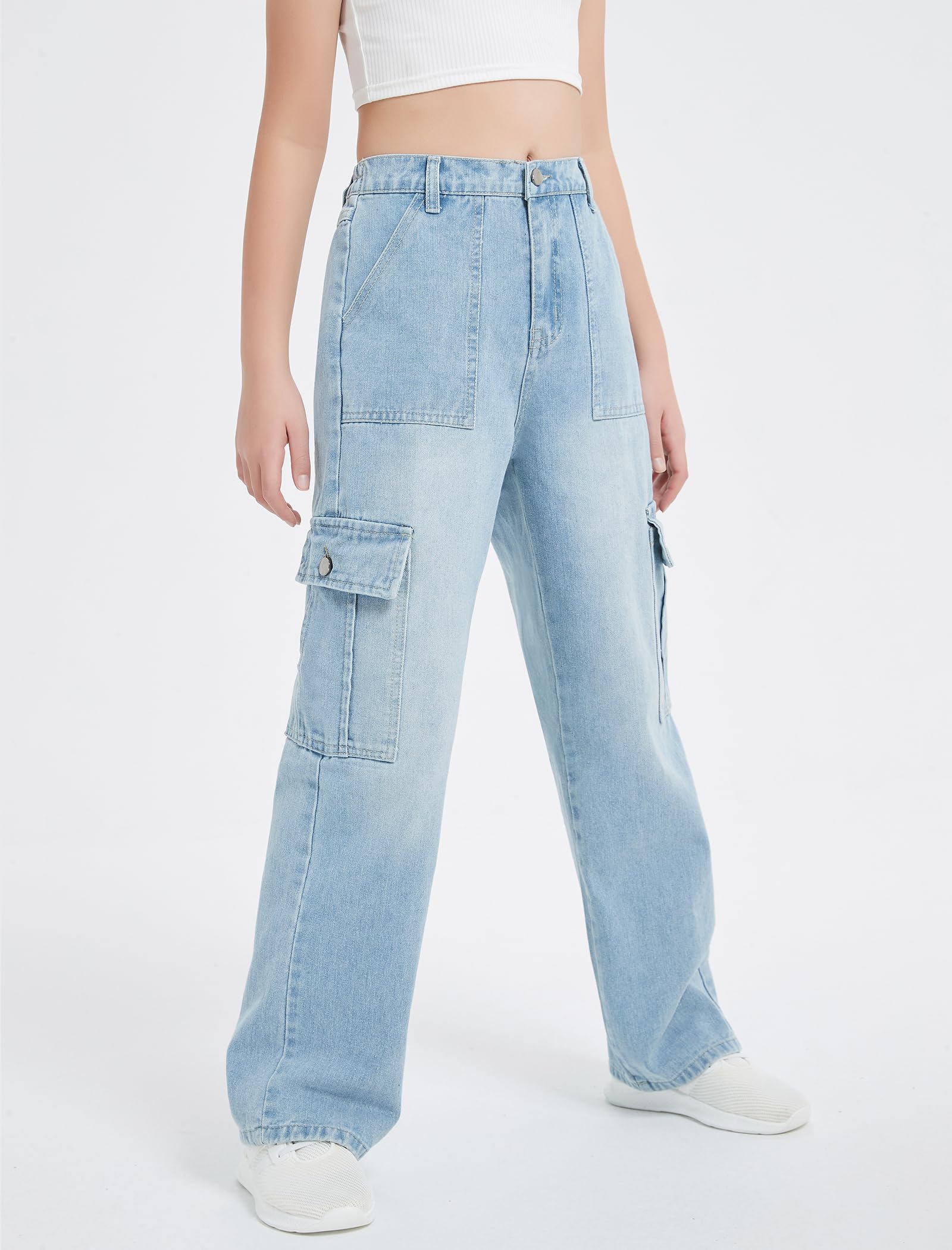 EXARUS Mädchen-Jeans, Cargohose, weites Bein, Denim, gerade, lockere Hose, Tween, hoher elastischer Bund mit Taschen, Jugendliche, 8–14 Jahre