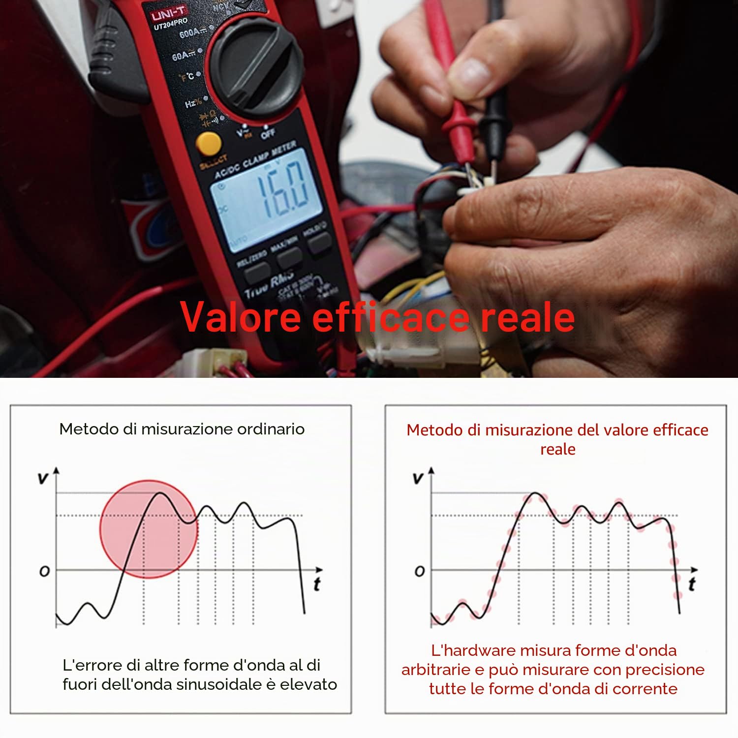 UNI-T UT204PRO Pinza Amperometrica Portatile True RMS, Rilevamento Pinza NCV,600A 600V AC/DC Tensione Corrente,Resistenza,Capacità，Frequenza, Temperatura,Rilevamento Firewire