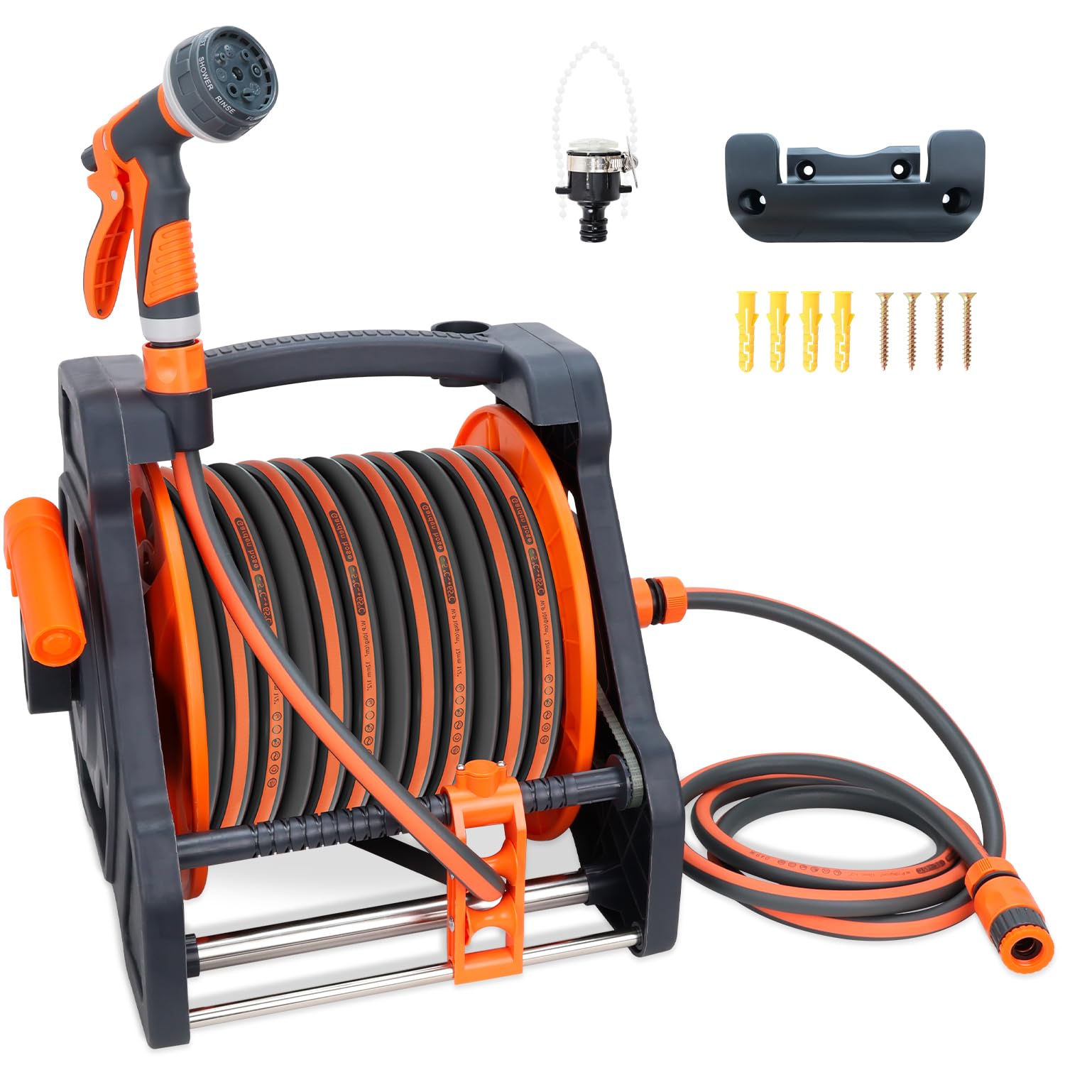 Garden Hose Reels with 20M Hosepipe, Portable Wall Mount or Free Standing Water Hose Pipe Reel Storage Holder, 1/2" Heavy Duty Anti-Kink Hose with Spray Gun for Gardening Watering