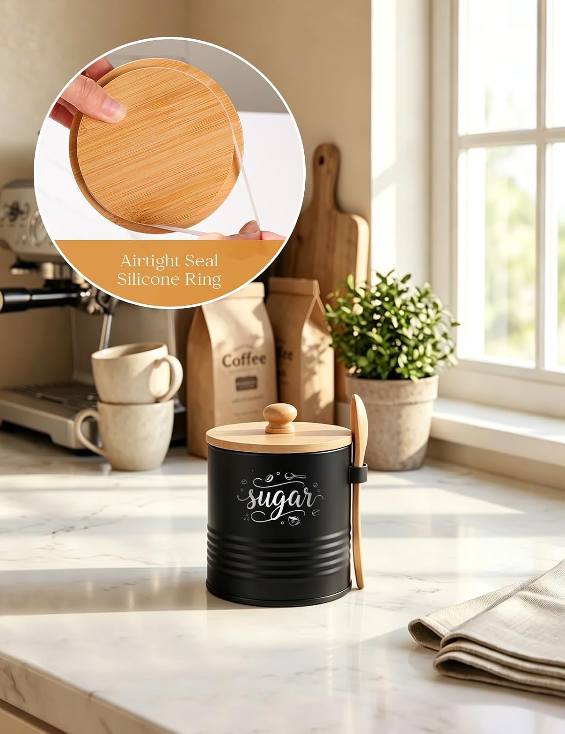 AISBUGUR Sugar Container with Lid and Spoon, Metal (Black)