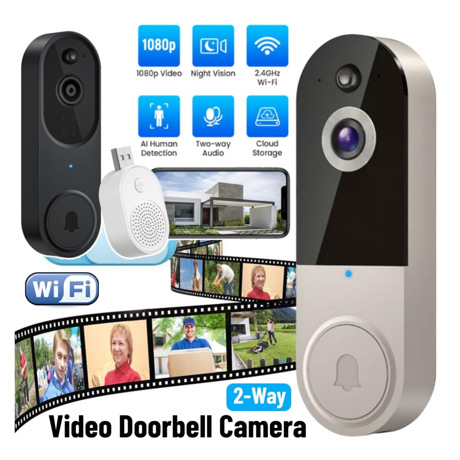 Videoportero, Timbre con cámara y videoportero WiFi 1080P, cámara inalámbrica con visión Nocturna y detección de Movimiento.(Beige)