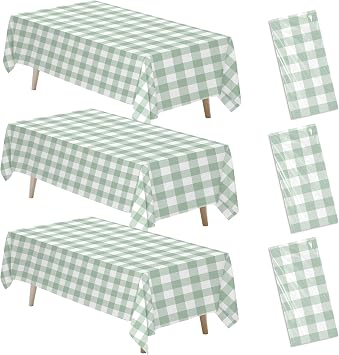 Sage Green Gingham Party Tablecloth Decorations, 3 Pack Green Checkered Disposable Plaid Party Supplies Tablecover, for Birthday Baby Shower Bridal Wedding, 55in x 86in