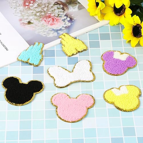 Miniatura 6 de Juego de 16 parches de felpilla con cabeza de ratón, lindo lazo en la cabeza de ratón, castillo, parches bordados para ropa, adornos dorados,